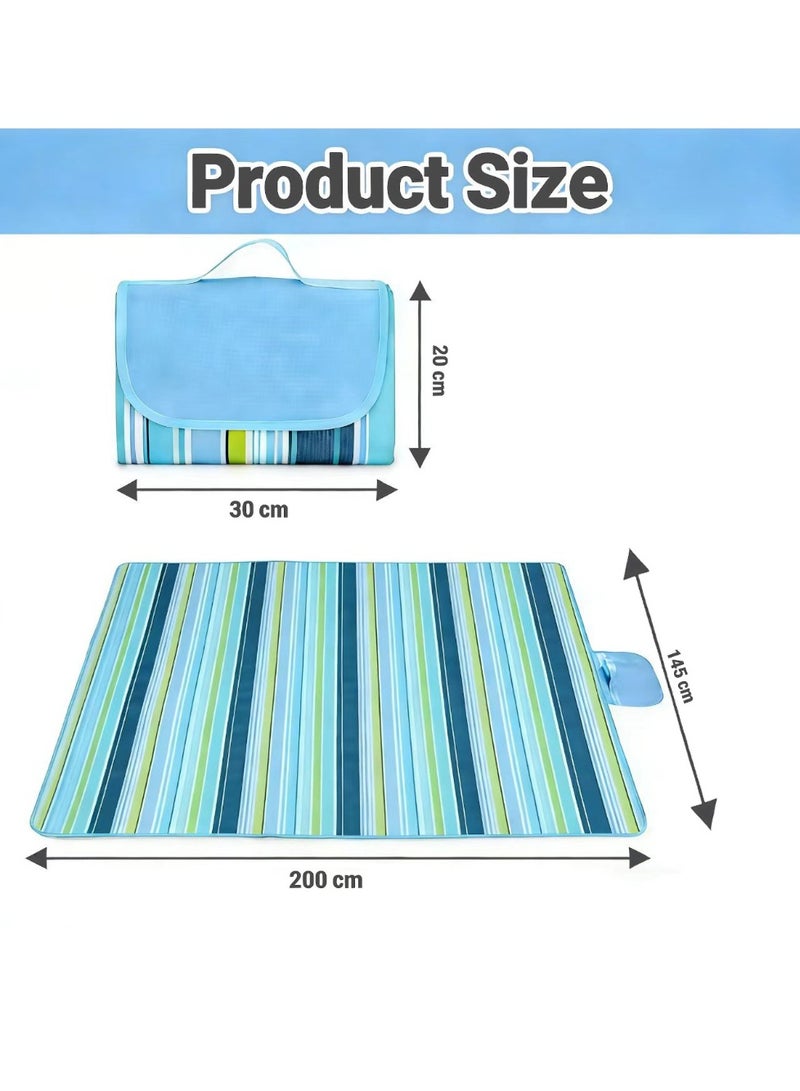 بطانية نزهة كبيرة الحجم 200x145 سم، حصيرة نزهة قابلة للطي وخفيفة الوزن، حصيرة نزهة خارجية، بطانية نزهة مقاومة للماء ، بطانية شاطئ مقاومة للماء، حصيرة شاطئ محمولة، مناسبة للتخييم في الربيع والصيف، الشاطئ، والحديقة (خطوط زرقاء) - Image 5