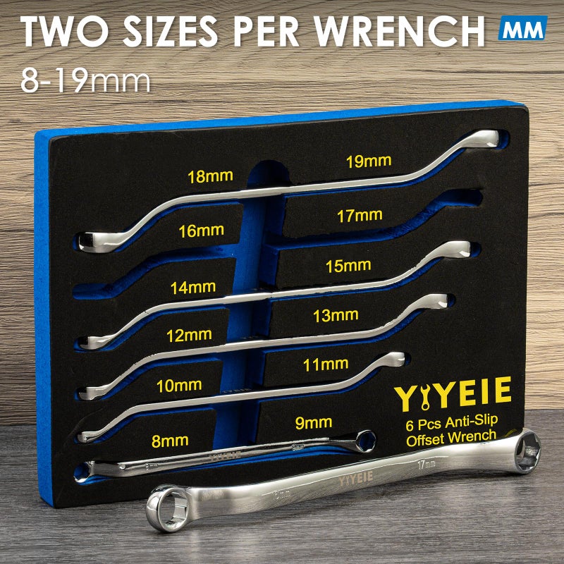 YIYEIE 6 Pc. Bolt Extractor Wrench Set, Metric 8-19mm, 6 Point Box End Wrench Set with 45Â° Offset, CR-V Steel, Stripped & Rounded Bolt Remover Wrench with EVA Foam - Image 3