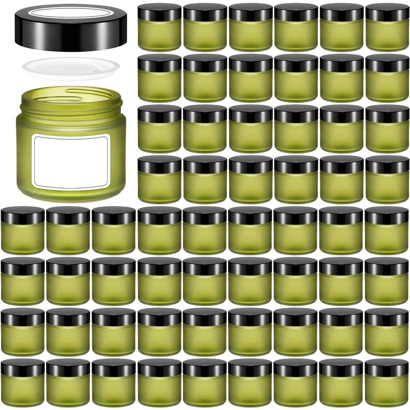 Layhit 60 Pcs 2 oz Glass Jars with Lids Bulk, Small Jars Containers Travel Storage Jar with Inner Liners Labels for Candle Scrubs, Lotions, Cream, Lip Balm (Green,Black Lid) - Image 1