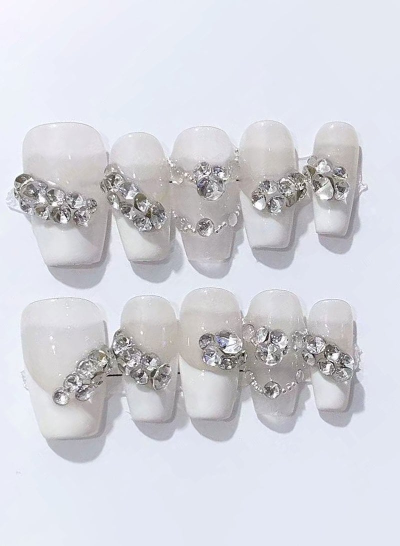 10 PCS Handmade False Nails, French Tip, White Diamond, Mid-length Press On Nails - Image 1