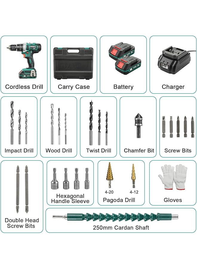 erorex High Power Cordless Hammer Drill Screwdriver 20V+ 2X2.0Ah Li Ion Batteries 18+3 Torque Includes Drill Bits And Charger In 24 Piece Set - Image 2