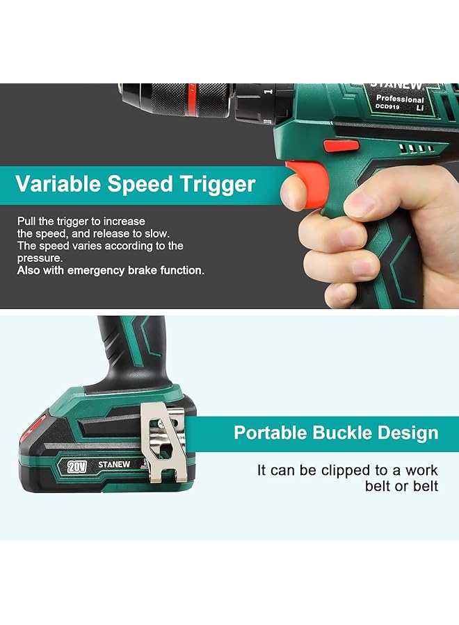 erorex High Power Cordless Hammer Drill Screwdriver 20V+ 2X2.0Ah Li Ion Batteries 18+3 Torque Includes Drill Bits And Charger In 24 Piece Set - Image 5