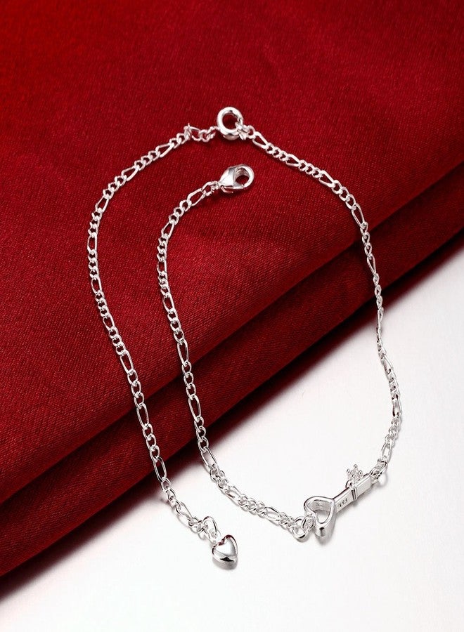 Greendou 925 Sterling Silver Plated Cute Love Key Zircon Pendant Adjustable Chain Anklet - Image 5