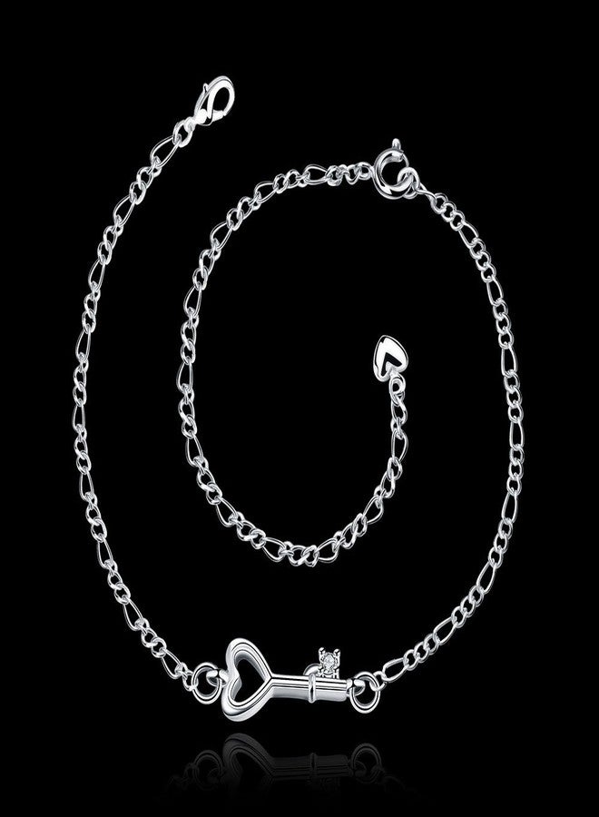 Greendou 925 Sterling Silver Plated Cute Love Key Zircon Pendant Adjustable Chain Anklet - Image 2