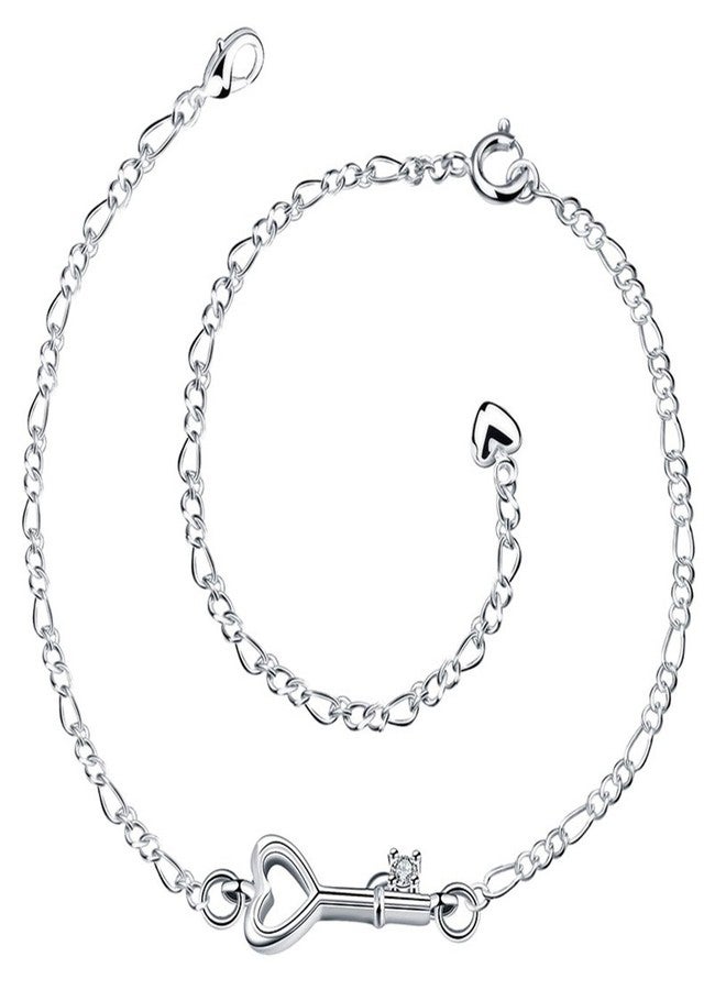 Greendou 925 Sterling Silver Plated Cute Love Key Zircon Pendant Adjustable Chain Anklet - Image 1