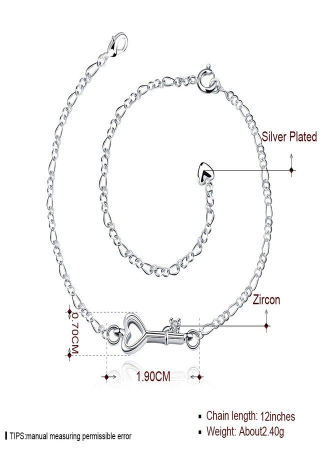 Greendou 925 Sterling Silver Plated Cute Love Key Zircon Pendant Adjustable Chain Anklet - Image 3