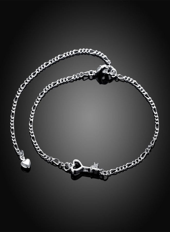 Greendou 925 Sterling Silver Plated Cute Love Key Zircon Pendant Adjustable Chain Anklet - Image 4