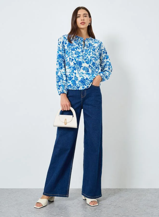 Take Two Floral Printed Tie-Up Neck Puff Sleeve Top