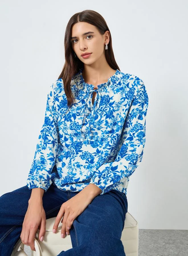 Take Two Floral Printed Tie-Up Neck Puff Sleeve Top