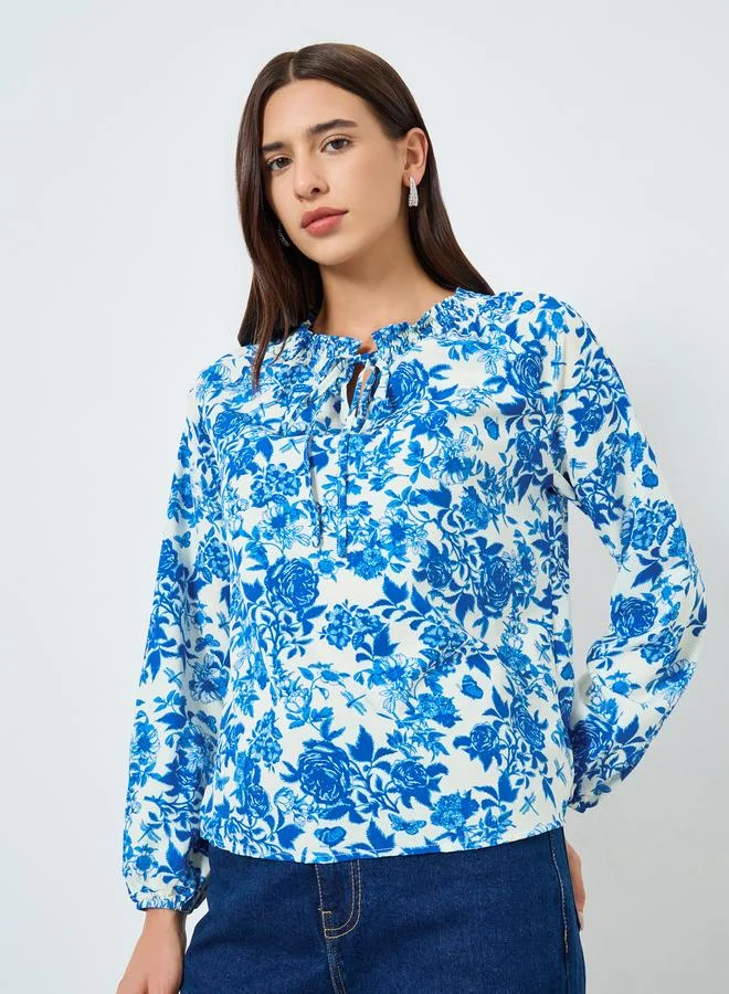 Take Two Floral Printed Tie-Up Neck Puff Sleeve Top