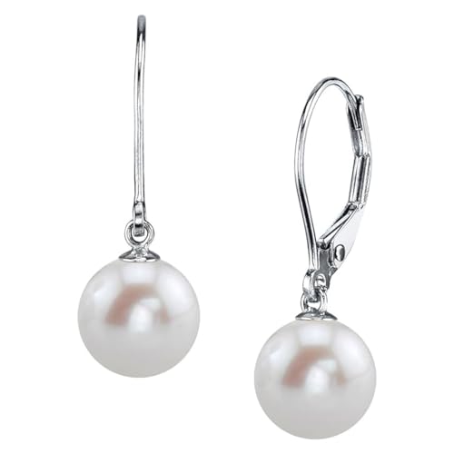 THE PEARL SOURCE AAAA Quality White Round Freshwater Cultured Pearl Hypoallergenic Earrings for Women | 14K Gold Leverbacks Earring | White Gold | 8.0-8.5mm - Image 1