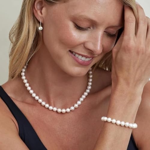 THE PEARL SOURCE AAAA Quality White Round Freshwater Cultured Pearl Hypoallergenic Earrings for Women | 14K Gold Leverbacks Earring | White Gold | 8.0-8.5mm - Image 2