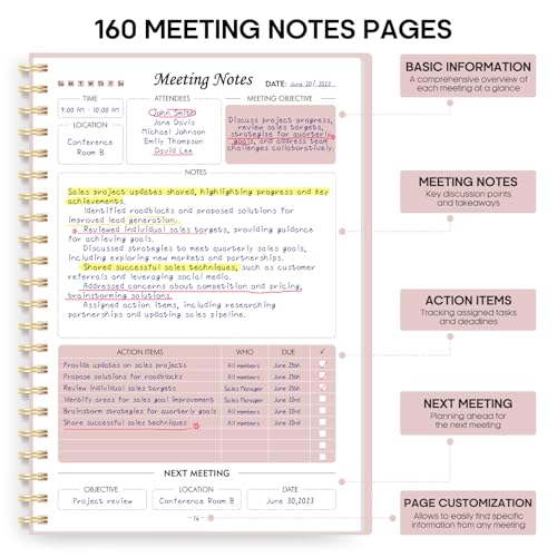 Taja Meeting Notebook for Work Organization - Work Planner Notebook with Action Items, Agenda Planner for Note Taking, 160 Pages (6.9" X 9.9") Project Organizer for Men & Women - Pink - Image 2