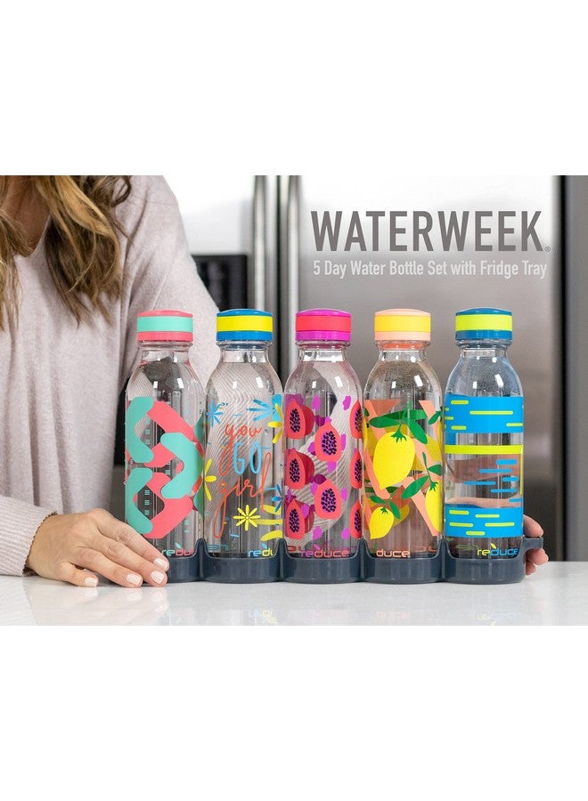 Reduce WaterWeek Reusable Water Bottle Set, 20oz - Plastic Reusable Water Bottle Set of 5, Plus Fridge Tray - BPA-Free, Leak Proof Twist Off Cap - Score - Image 2