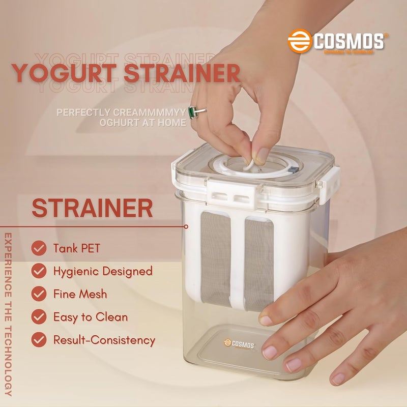 COSMOS صانع الزبادي واللبن اليوناني متعدد الاستخدامات من البلاستيك - 1100 مل | متين، خالي من BPA | سهل التحضير للزبادي والجبن في المنزل، 10 سم × 8 سم × 16 سم، متعدد الألوان (صانع الزبادي اليوناني (EC-02)) - Image 2