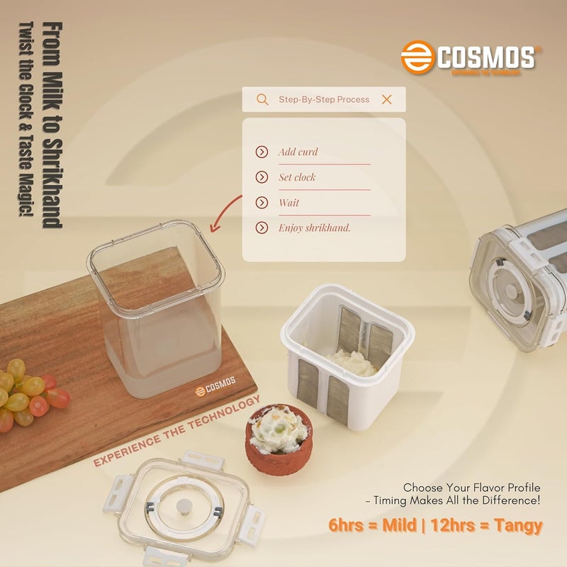 COSMOS صانع الزبادي واللبن اليوناني متعدد الاستخدامات من البلاستيك - 1100 مل | متين، خالي من BPA | سهل التحضير للزبادي والجبن في المنزل، 10 سم × 8 سم × 16 سم، متعدد الألوان (صانع الزبادي اليوناني (EC-02)) - Image 5