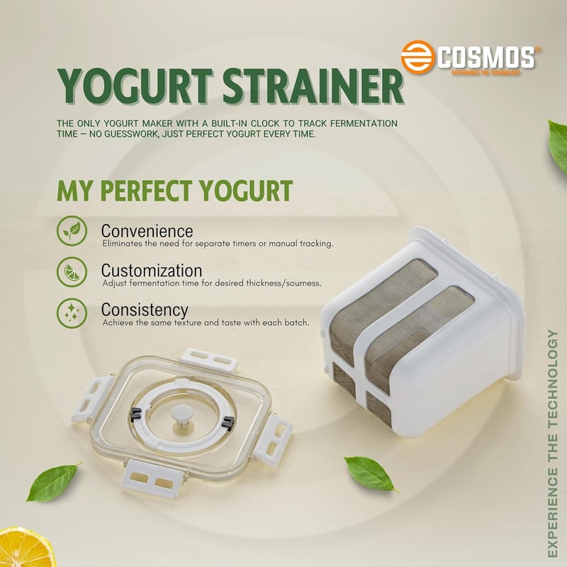 COSMOS صانع الزبادي واللبن اليوناني متعدد الاستخدامات من البلاستيك - 1100 مل | متين، خالي من BPA | سهل التحضير للزبادي والجبن في المنزل، 10 سم × 8 سم × 16 سم، متعدد الألوان (صانع الزبادي اليوناني (EC-02)) - Image 3