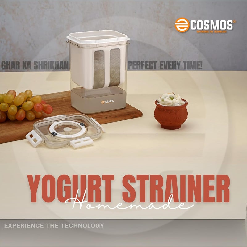 COSMOS صانع الزبادي واللبن اليوناني متعدد الاستخدامات من البلاستيك - 1100 مل | متين، خالي من BPA | سهل التحضير للزبادي والجبن في المنزل، 10 سم × 8 سم × 16 سم، متعدد الألوان (صانع الزبادي اليوناني (EC-02)) - Image 4