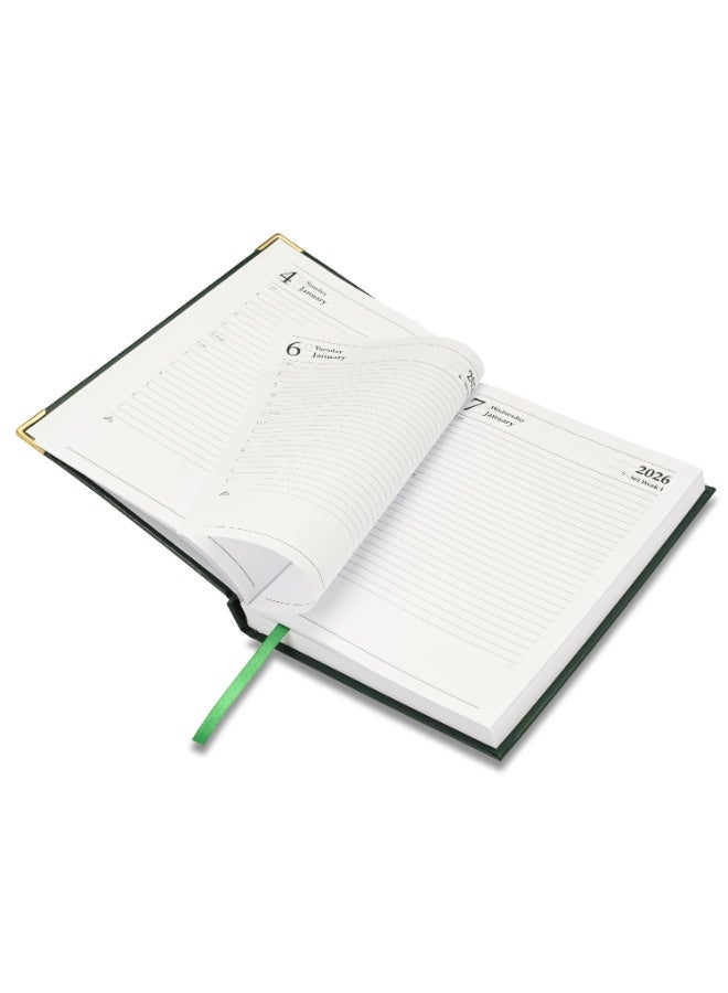 FIS مفكرة 2026، حجم A5 (148x210 مم)، غلاف صلب من مواد الفينيل، جانب واحد مبطن، زوايا ذهبية، إنجليزي، ورق أبيض 60 جرام، لون أخضر - FSDI22E26GR - Image 4