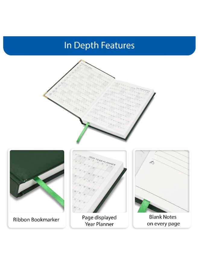 FIS مفكرة 2026، حجم A5 (148x210 مم)، غلاف صلب من مواد الفينيل، جانب واحد مبطن، زوايا ذهبية، إنجليزي، ورق أبيض 60 جرام، لون أخضر - FSDI22E26GR - Image 5