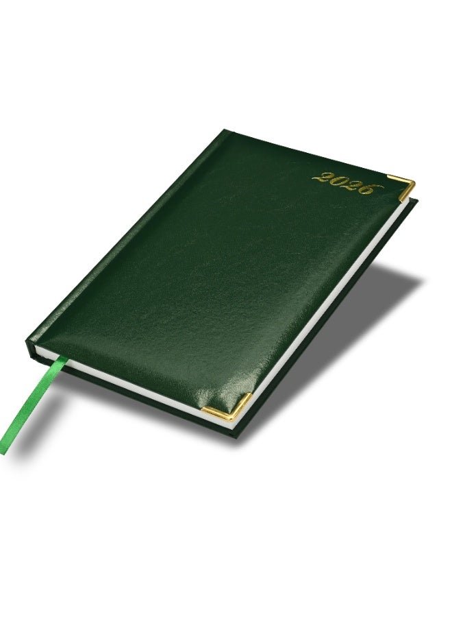 FIS مفكرة 2026، حجم A5 (148x210 مم)، غلاف صلب من مواد الفينيل، جانب واحد مبطن، زوايا ذهبية، إنجليزي، ورق أبيض 60 جرام، لون أخضر - FSDI22E26GR - Image 1