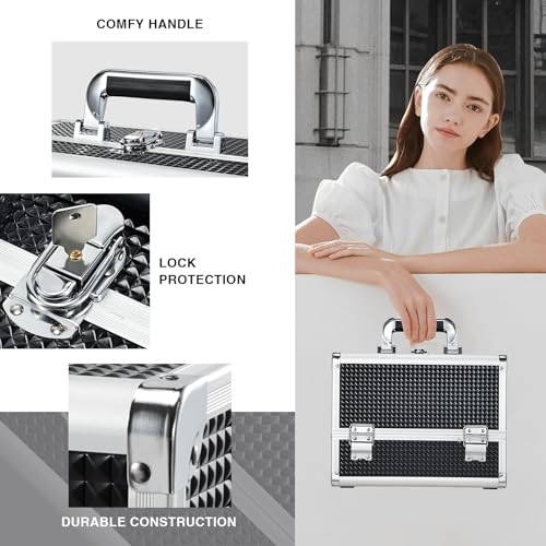 Joligrace Makeup Train Case Makeup Case 3-Tray Cosmetic Box with Mirror, Shine Black, 11.8-in Large Makeup Box with Detachable Brush Holder, Lockable Portable Makeup Travel Organizer Case - Image 5