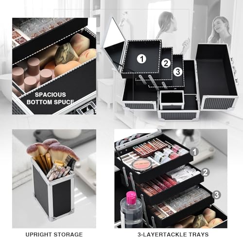 Joligrace Makeup Train Case Makeup Case 3-Tray Cosmetic Box with Mirror, Shine Black, 11.8-in Large Makeup Box with Detachable Brush Holder, Lockable Portable Makeup Travel Organizer Case - Image 3