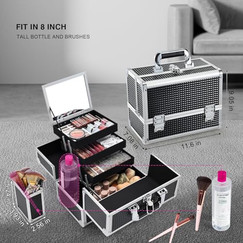Joligrace Makeup Train Case Makeup Case 3-Tray Cosmetic Box with Mirror, Shine Black, 11.8-in Large Makeup Box with Detachable Brush Holder, Lockable Portable Makeup Travel Organizer Case - Image 2
