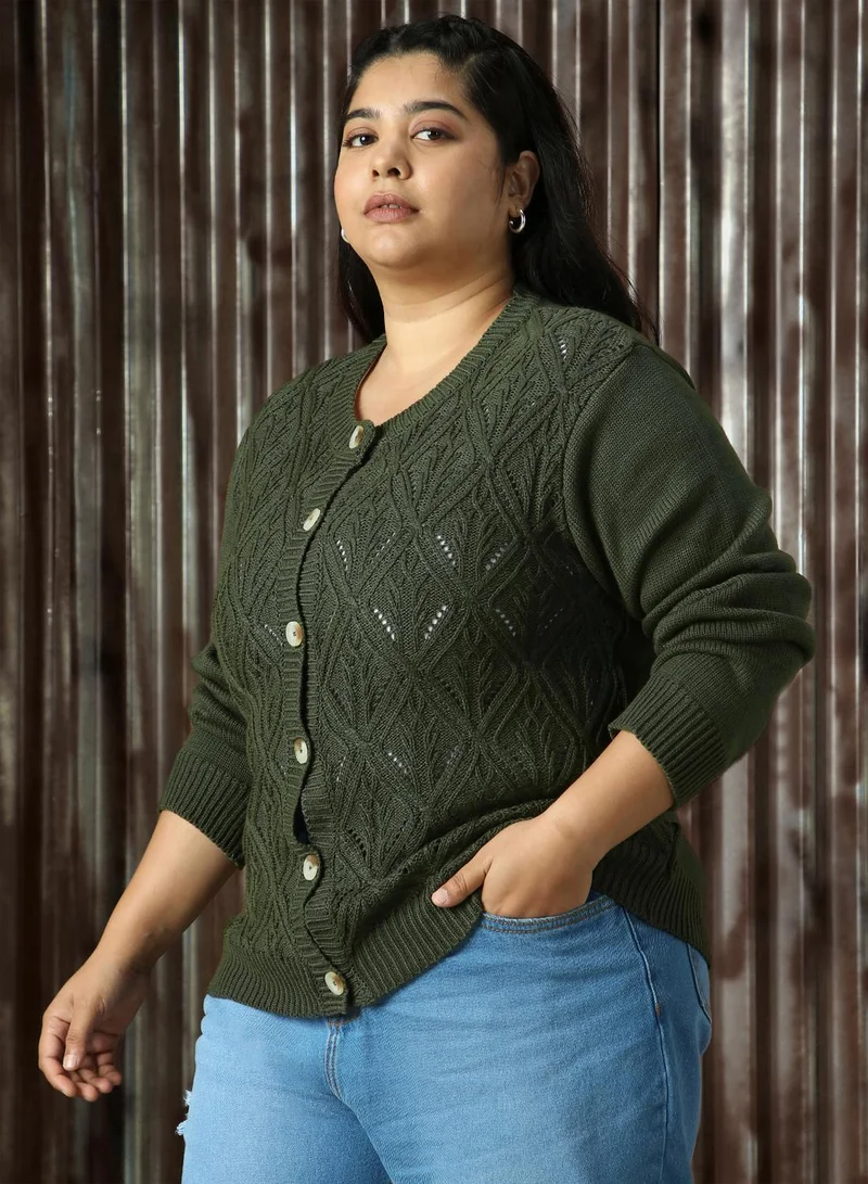 Women's Olive 100% Acrylic Solid Regular Fit Sweater