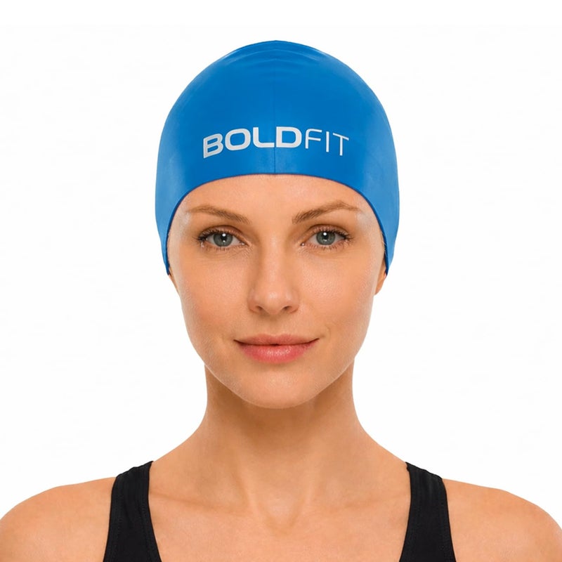 BOLDFIT Swimming Cap for Men Silicone Swimming Caps for Women Unisex Swim Cap for Boys, Girls and Kids Swimming Cap for Women Long Hair Swimming Head Cap Men Silicone Fabric, Easy Fit - Black - Image 1