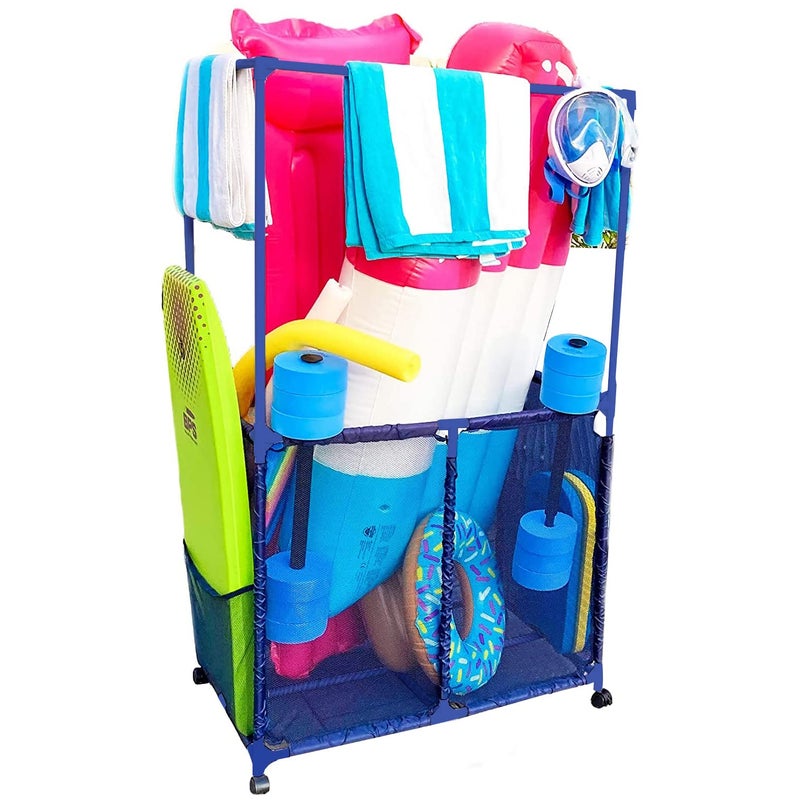 Essentially Yours Pool Equipment Holder with Towel Drying Bars Mesh Rolling Pool Storage Organizer Bin Extra Large with Towel Hanger 345 W x 25 L x 626 H Blue Style 418566