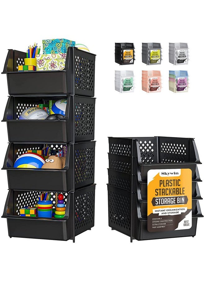 Skywin TidyFriend Stackable Storage Bins for Pantry, 4 Pack Stackable Bins For Organizing Food, Kitchen, and Bathroom Essentials (Black)  - Image 1