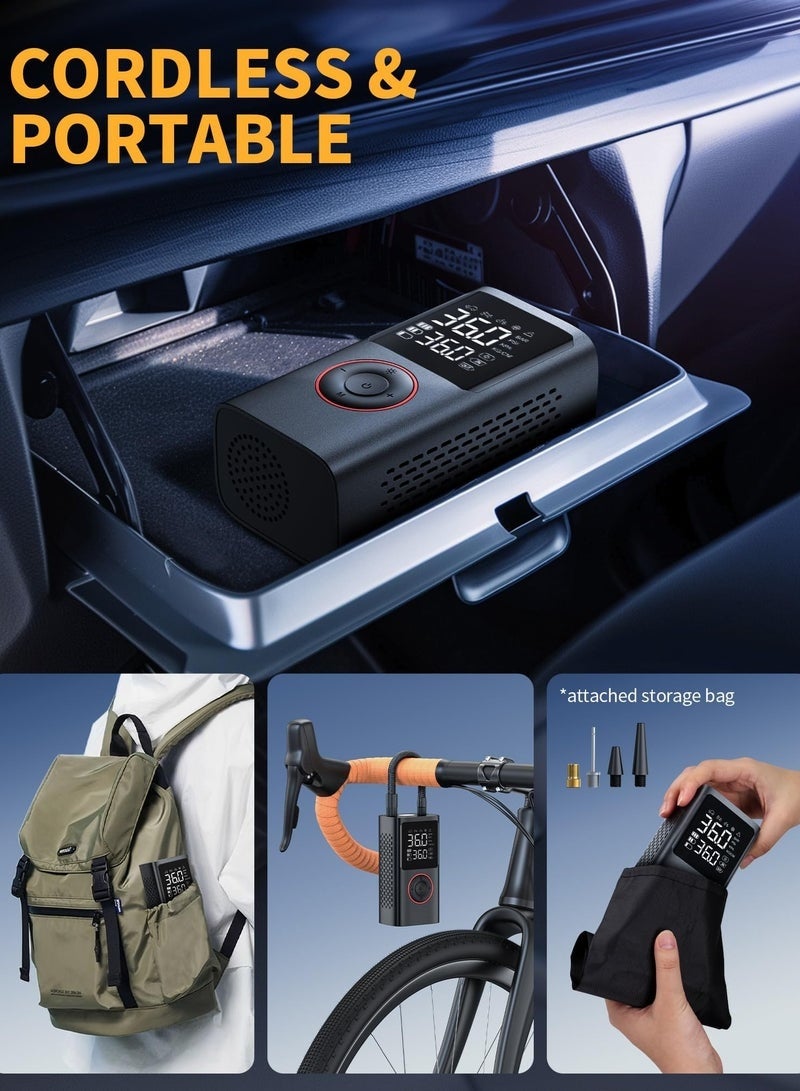 ضاغط هواء محمول 150 رطل لكل بوصة مربعة، منفاخ إطارات لاسلكي مع مقياس ضغط وضوء LED - مضخة هواء صغيرة للسيارات والدراجات النارية والدراجات الهوائية والكرات - أسود، تصميم صغير الحجم - Image 4