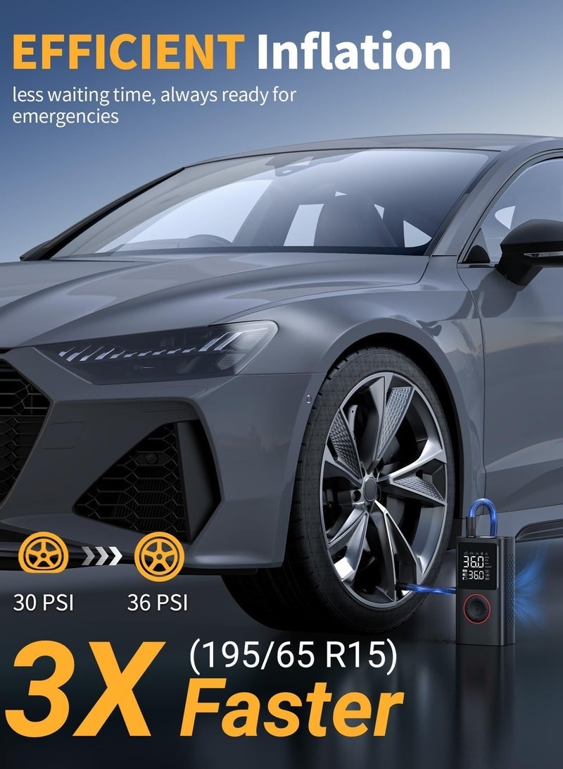 ضاغط هواء محمول 150 رطل لكل بوصة مربعة، منفاخ إطارات لاسلكي مع مقياس ضغط وضوء LED - مضخة هواء صغيرة للسيارات والدراجات النارية والدراجات الهوائية والكرات - أسود، تصميم صغير الحجم - Image 2