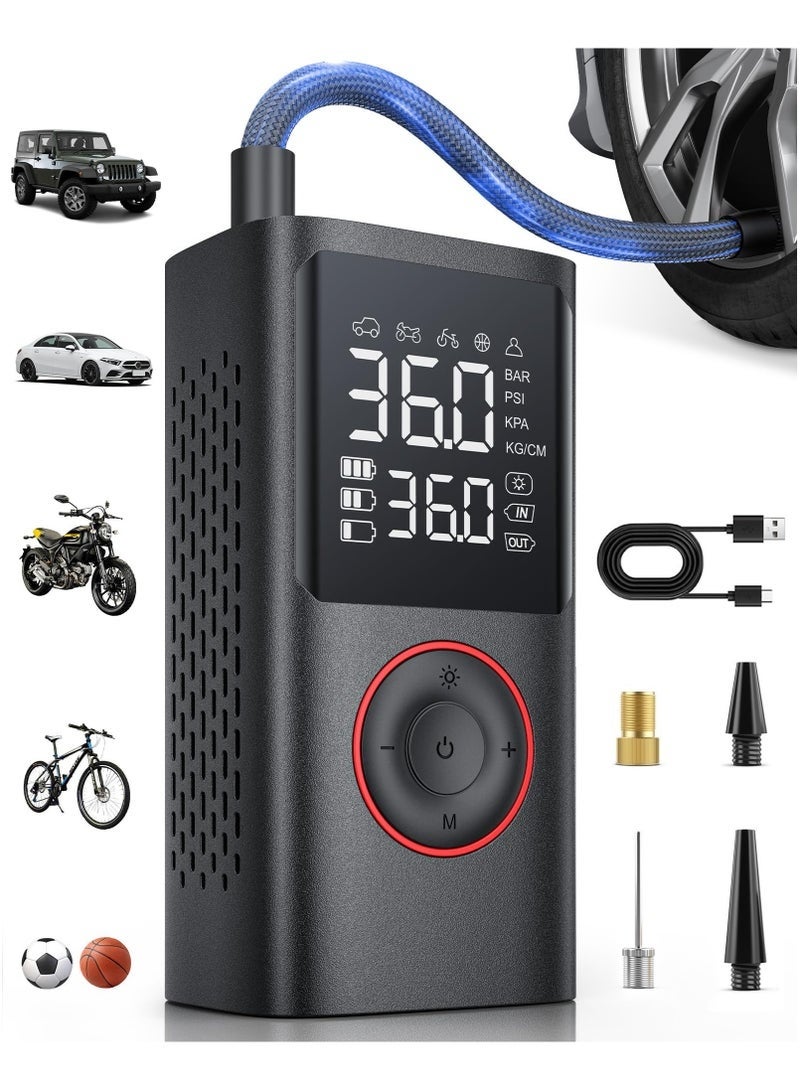 ضاغط هواء محمول 150 رطل لكل بوصة مربعة، منفاخ إطارات لاسلكي مع مقياس ضغط وضوء LED - مضخة هواء صغيرة للسيارات والدراجات النارية والدراجات الهوائية والكرات - أسود، تصميم صغير الحجم - Image 1