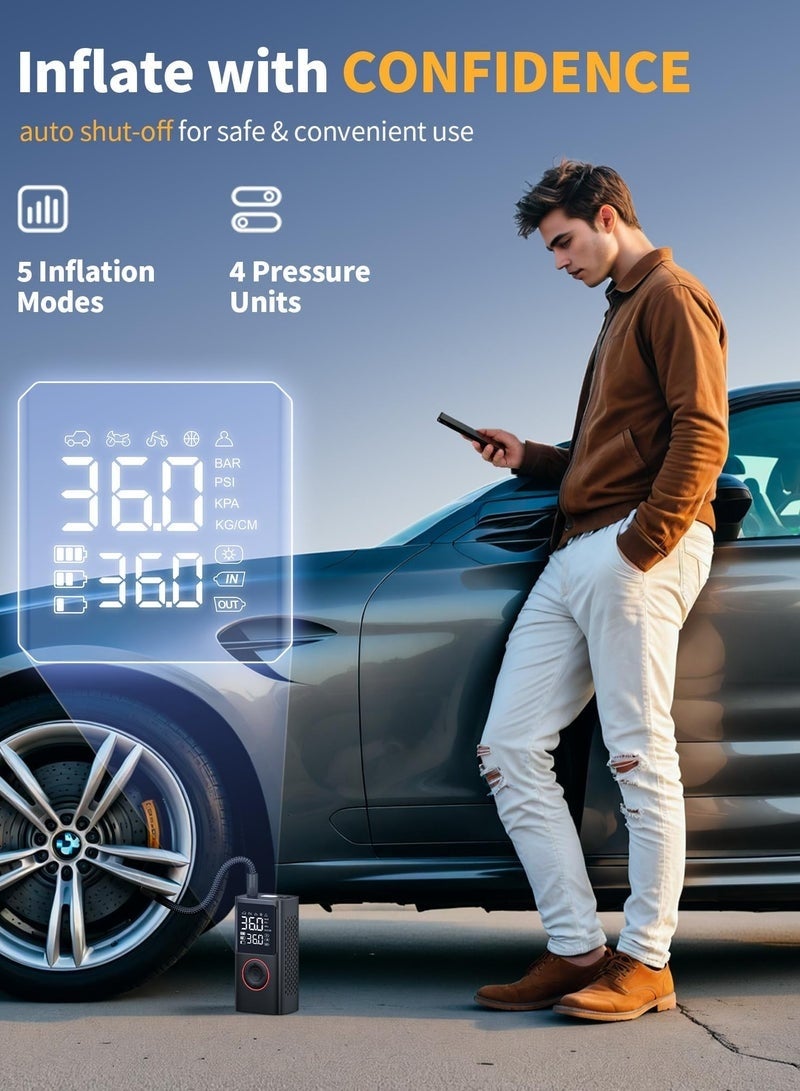 ضاغط هواء محمول 150 رطل لكل بوصة مربعة، منفاخ إطارات لاسلكي مع مقياس ضغط وضوء LED - مضخة هواء صغيرة للسيارات والدراجات النارية والدراجات الهوائية والكرات - أسود، تصميم صغير الحجم - Image 5