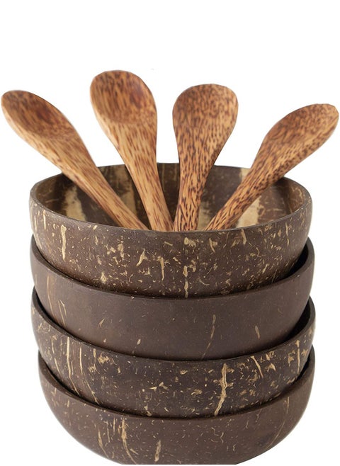 Coconut Bowl and Spoon Natural Hand Made Polished with Oil Durable Lightweight Easy Clean Long Lasting vegan Friendly for Breakfast Serving Decoration Set of 4