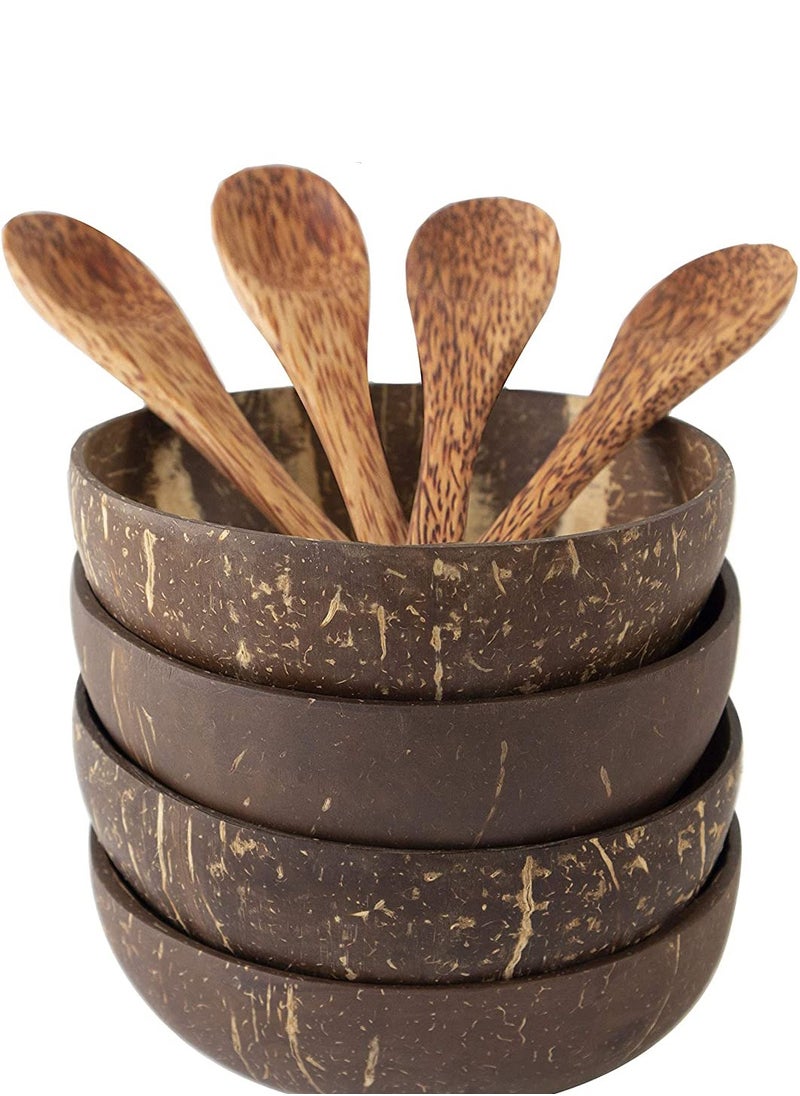 Coconut Bowl and Spoon Natural Hand Made Polished with Oil Durable Lightweight Easy Clean Long Lasting vegan Friendly for Breakfast Serving Decoration Set of 4