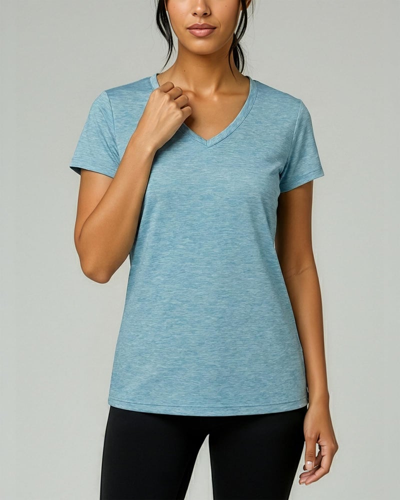 REALESSENTIALS Real Essentials 5 Pack: Women's Dry Fit Short Sleeve V Neck Workout Top - Fitness Pilates Gym Athletic Yoga T-Shirt (Plus Available), Set 4, L - Image 3