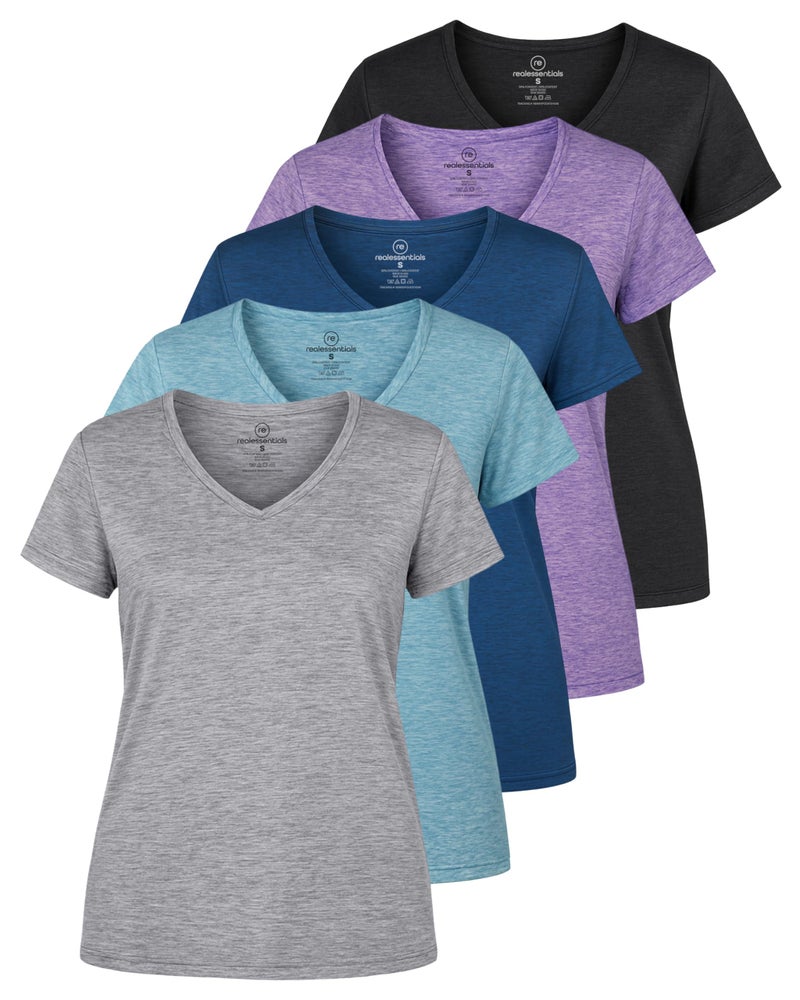 REALESSENTIALS Real Essentials 5 Pack: Women's Dry Fit Short Sleeve V Neck Workout Top - Fitness Pilates Gym Athletic Yoga T-Shirt (Plus Available), Set 4, L - Image 1