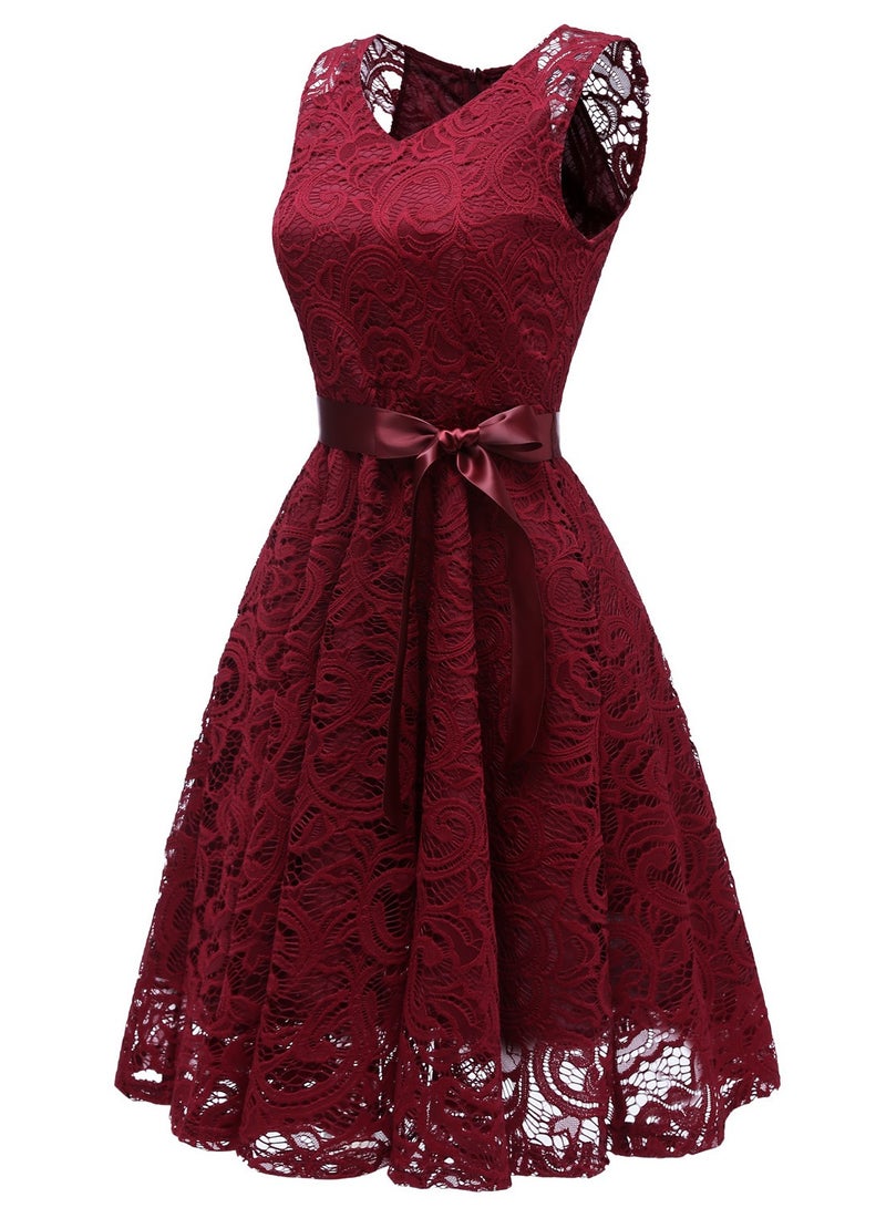 PEI  AN Lace Sleeveless A-Line Dress L36136-4 Maroon - Image 2
