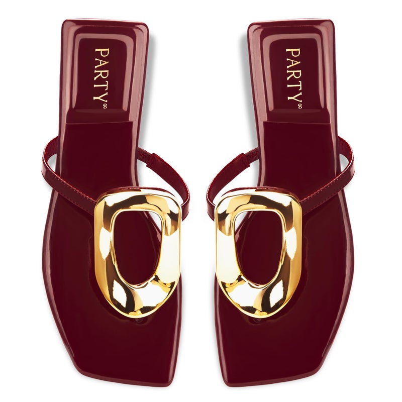 PARTY Square Toe Flip Flops Women,Fashion Designer Thong Sandals with Gold Buckle Trendy Summer Comfort Flat Sandals,BURGUNDY PU-9 - Image 5