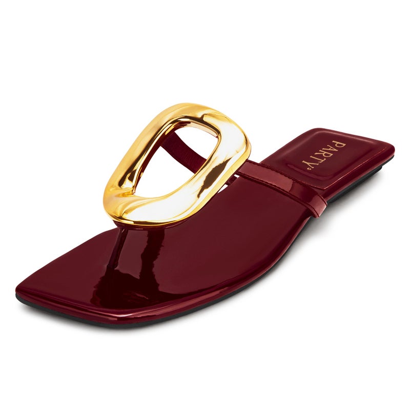 PARTY Square Toe Flip Flops Women,Fashion Designer Thong Sandals with Gold Buckle Trendy Summer Comfort Flat Sandals,BURGUNDY PU-9 - Image 1