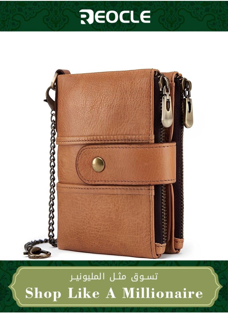 REOCLE Men's Wallet with Chain Genuine Leather Purse with RFID Radio Frequency Identification & Multiple Card Slots & Anti-Theft Chain & Multi-functional Zip Coin Pocket  - Image 1