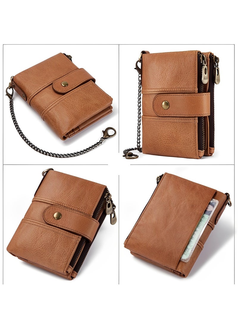 REOCLE Men's Wallet with Chain Genuine Leather Purse with RFID Radio Frequency Identification & Multiple Card Slots & Anti-Theft Chain & Multi-functional Zip Coin Pocket  - Image 2