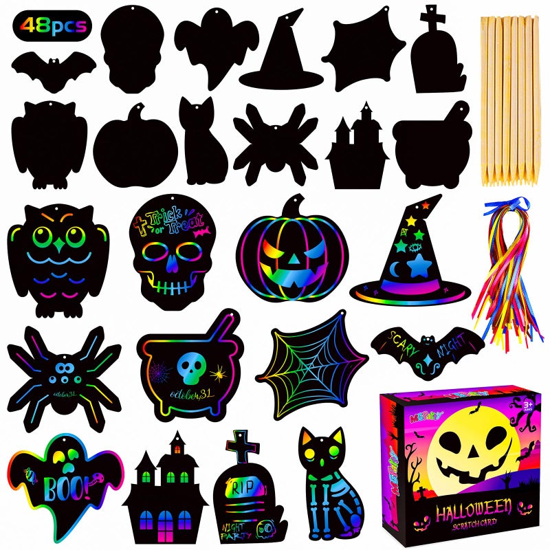 MGparty Scratch Paper Craft for Kids 48 Pcs Halloween Magic Rainbow Scratch Paper Off Cards Set for Kids Crafts Arts Supplies Halloween Ornaments Party Games Birthday Gifts - Image 2