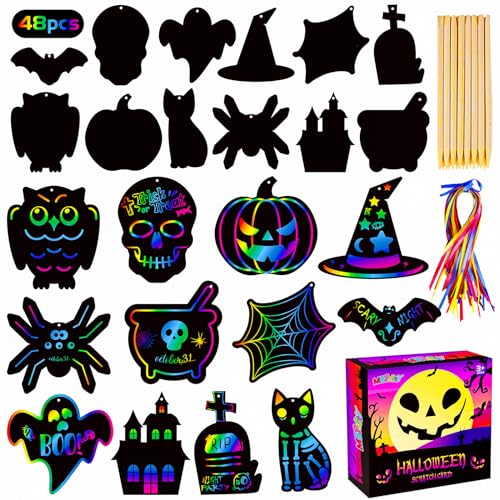 MGparty Scratch Paper Craft for Kids 48 Pcs Halloween Magic Rainbow Scratch Paper Off Cards Set for Kids Crafts Arts Supplies Halloween Ornaments Party Games Birthday Gifts - Image 1