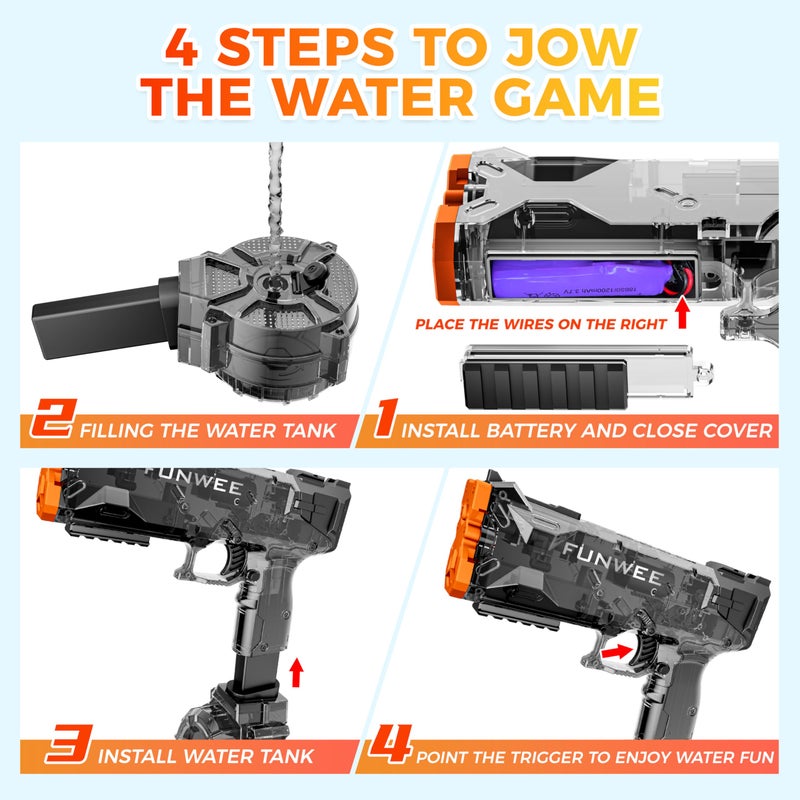 Funwee 2025 New Upgrade Electric Water Guns for Adult Kid, Light Up Strongest Full Auto Watergun High Capacity 500+ Water Blaster, 26-30 FT Range Powerful Classic Water Squirt, Outdoor Pool Water Toy - Image 4