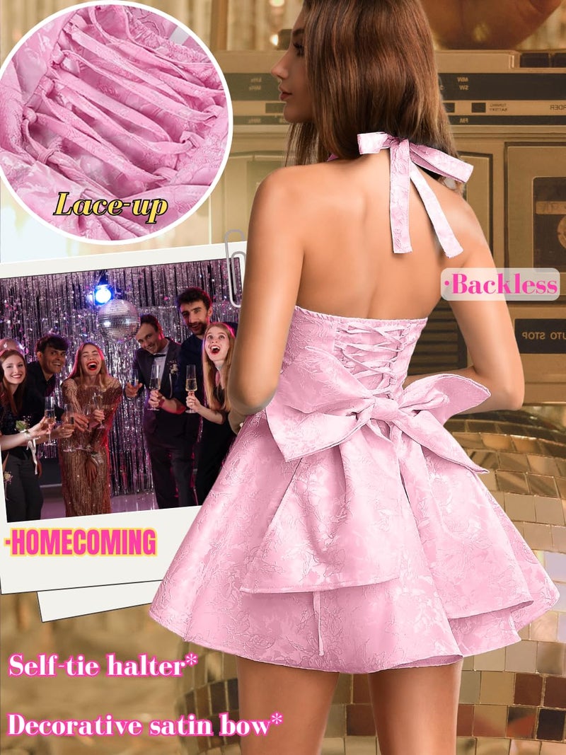 ShawGobow Jacquard Corset Dress,Deep V Halter Mini Dresses with Bow Back,Sexy Birthday Outfits Women Homecoming Prom Formal Pink Small - Image 4