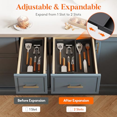 Lifewit Utensil Organizer for Kitchen Drawer, Expandable Cooking Silverware Tray, Adjustable Cutlery Flatware Holder, Plastic Spatula Tools Storage Divider, 12.9 x 16.1", Black - Image 4